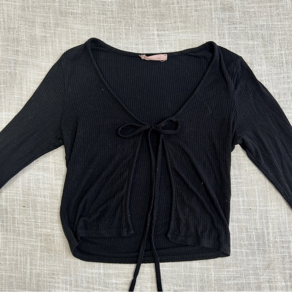 Black Ribbed Tie-Front Top